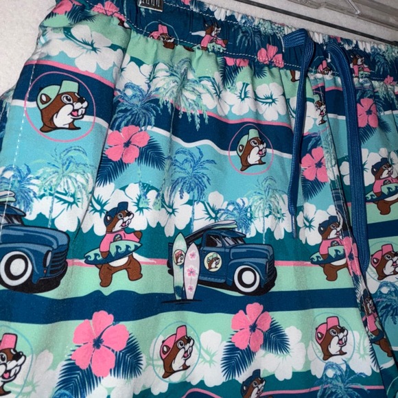 Bucc-ee's Beaver Character Hawaiian Swim Trunks Men's Size small Blue Tropical - Picture 2 of 4